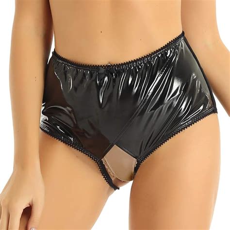 Freebily Women S Metallic Wet Look Leather High Waist Crotchless Booty Shorts Briefs Thong