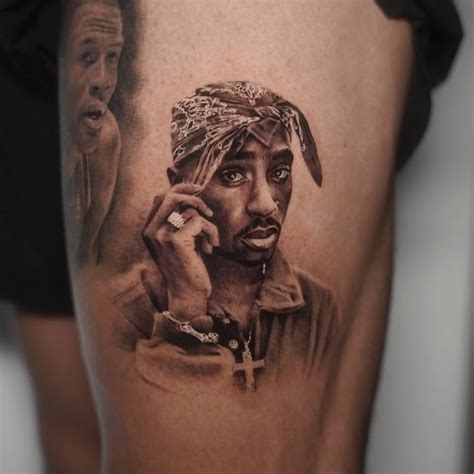 Micro Realistic Tupac Portrait Tattoo On The Thigh