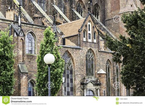 Exterior Of A Brick Cathedral In The Gothic Style Stock Image Image