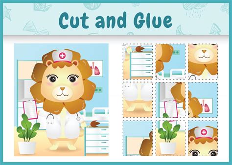 Children Board Game Cut And Glue With A Cute Lion Using Costume Nurses