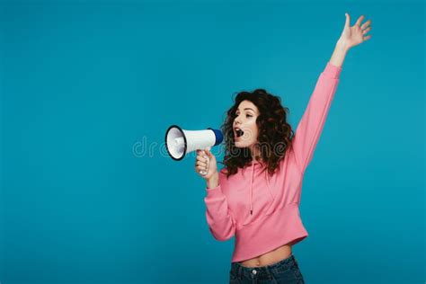 Curly Redhead Girl Screaming In Megaphone On Blue Stock Image Image Of Casual Girl 184224695