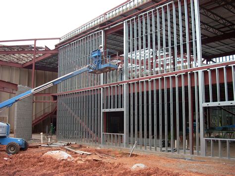 Metal Stud Construction Workers Installing Exterior Metal Studs