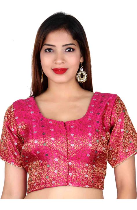 Fuchsia Indian Ready Made Saree Blouse In Pink Brocade Fabric Top