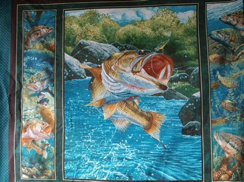Bass Fish Trout Water Fishing Quilt Panel Fabric Free Shipping Usa