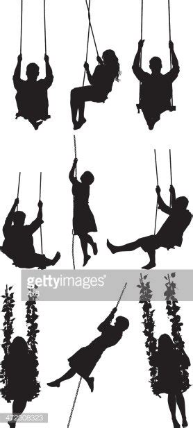 Multiple Silhouettes Of People On Rope Swing Stock Vector Royalty