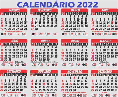 CalendÁrio 2022 Completo Com Todos Os Feriados Nacionais E Luas De 2022 Digitei