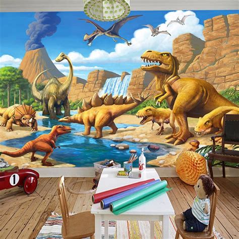 Custom 3d Mural Wallpaper Lakefront Dinosaur Tyrannosaurus Rex Children