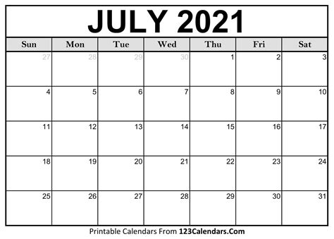 July Calendar Printable Free Printable Blank World