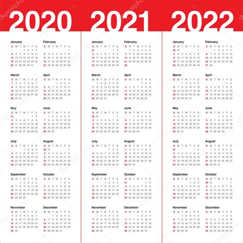 Year 2020 2021 2022 Calendar Vector Design Template — Stock Vector