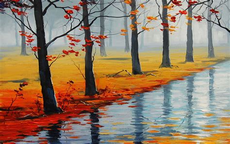Wallpaper Lucrare De Toamna River Painting Tree Painting Canvas