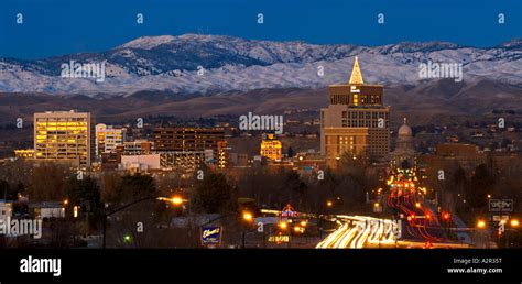 Idaho Boise Downtown Skyline And The Boise Foothills With Snow At