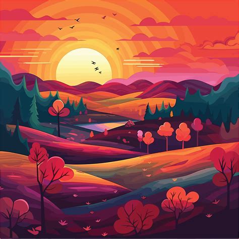 Vibrant Vector Illustration Of Mountain Landscape On Sunset 24451357