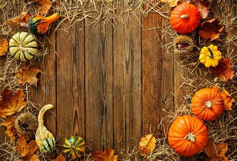 Laeacco Autumn Yellow Leaves Wooden Board Pumpkins Photography