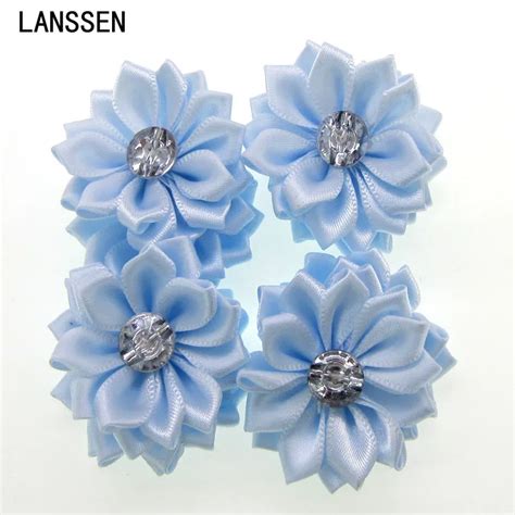 12pcs blue satin ribbon flowers with rhinestone multilayers fabric flowers appliques accessories