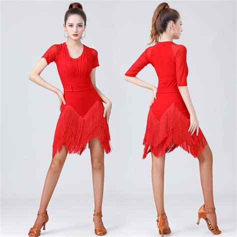 Women Black Red Fringe Latin Dance Dress Modern Latin Dance Costume Cha Cha Rumba Dance Dress