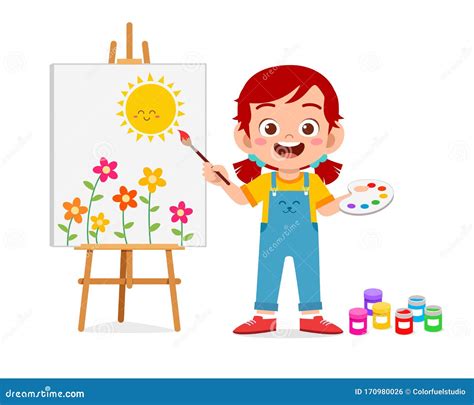 Happy Cute Little Kid Girl Draw On Canvas Stock Vector Illustration