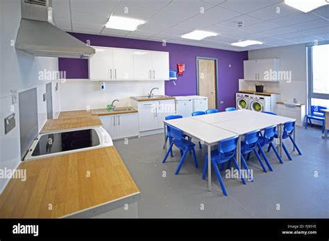 A Home Economics Classroom In A New British Primary School Shows Table