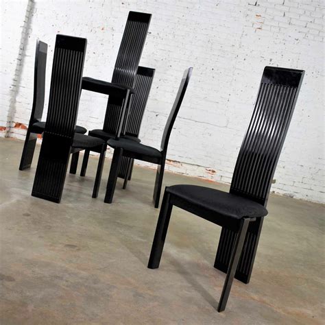 Six Tripod Post Modern Black Lacquer Dining Chairs By Pietro Costantini