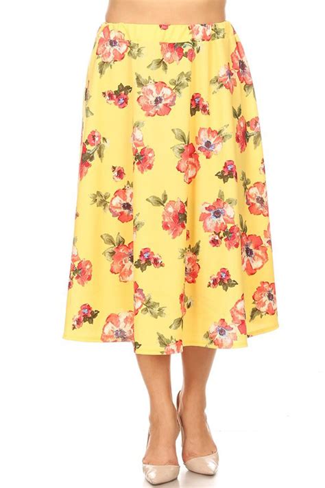 Womens Plus Size High Waist Elastic Casual A Line Floral Printed Midi Skirt