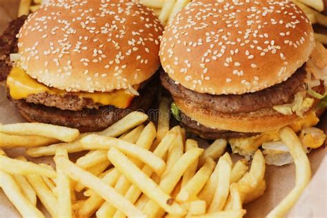 Beef Burgers And French Fries In The Cafe Stock Photo Image Of Fries