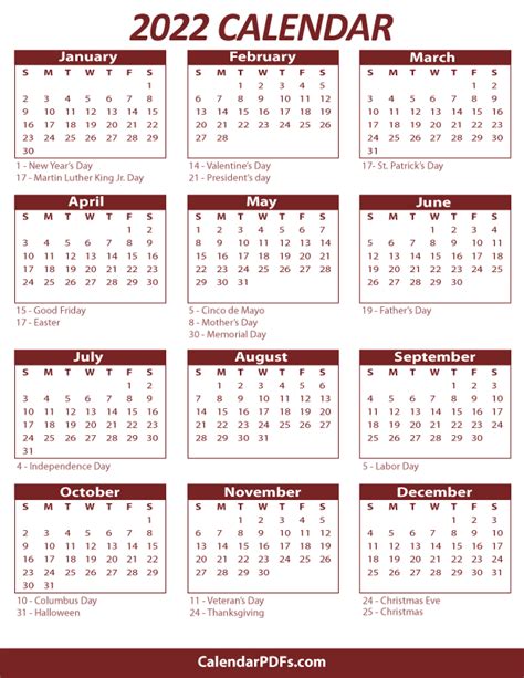 2022 Printable Yearly Holiday Apple Calendar Pdf On One Page Download