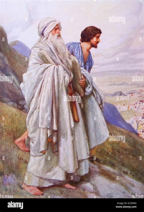 Moses And Joshua Descend From Mount Sinai Carrying The Ten Commandments