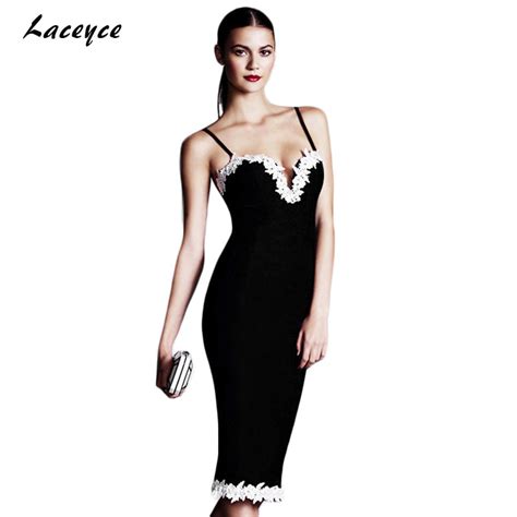 Laceyce 2018 Summer New Women Party Bandage Dress Bodycon Dress Black Royal Lace V Neck Straps