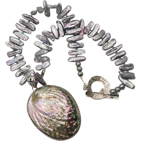 Pearl Shell Necklace Abalone Sterling Silver Sea Shell Pendant Big