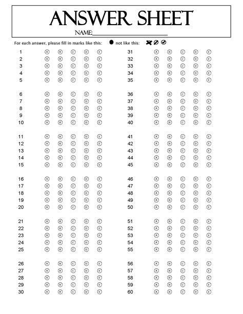 Answer Sheet Template 50 Questions