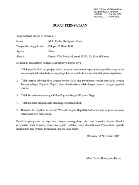 Membuat surat pernyataan dalam melamar cpns bagi yang belum pernah memang sedikit susah. Contoh Surat Pernyataan Tidak Pernah Dihukum Penjara Untuk ...