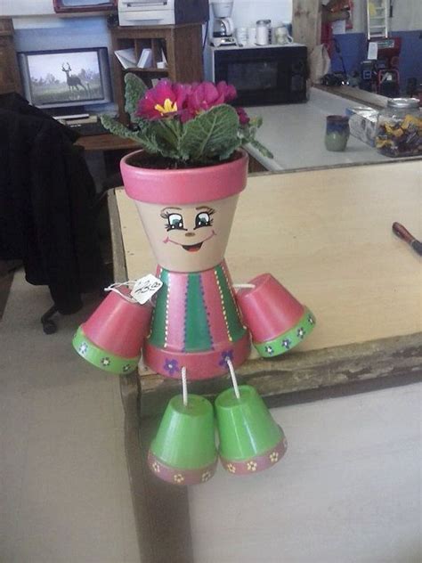 4 Pink And Green Flower Pot Person Green Flower Pots Painted Clay