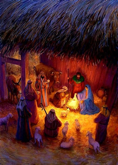 Nativity Scene Of Mary Joseph Baby Jesus And Shepherds With Their