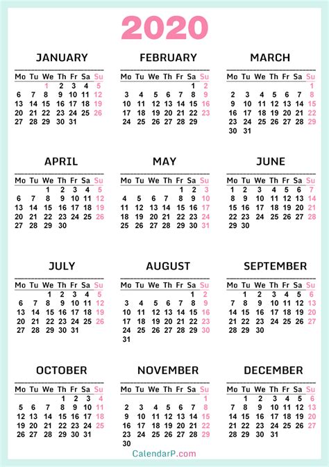 Ideal to use as a work or school calendar planner. 2020 Calendar, Printable Free, Baby Blue - Monday Start ...