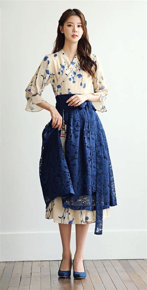 Modern Hanbok Dress Beige Navy Lace Wrapped Skirt Woman Female Korea