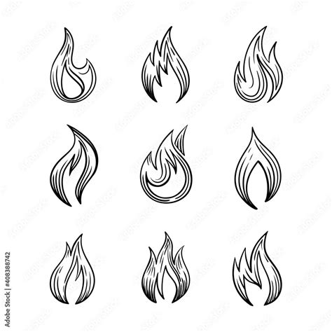 Fire Icons With And Spurts Of Flame Vector Set Of Monochrome Signs In