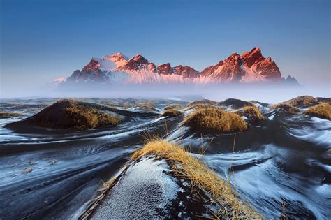 Iceland Vestrahorn Mountain Morning Mist Lava Grass