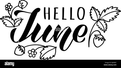 Hello June Hand Drawn Lettering Card With Doodle Leaves And