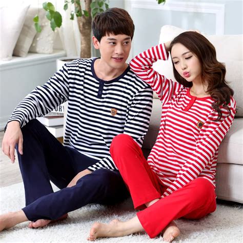 2016 Lovers Pajamas Men And Women Fall Embroidered Stripe Home Wear 100 Cotton Pajamas