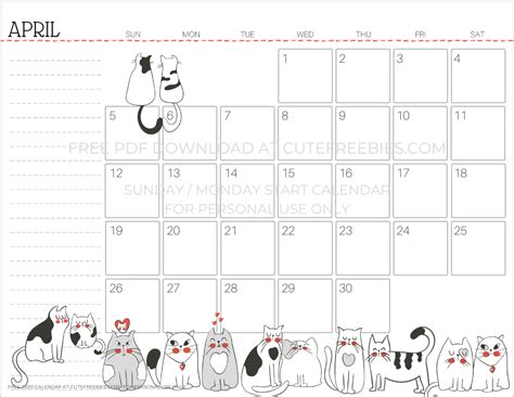 April 2020 Calendar Cats Horizontal Cute Freebies For You