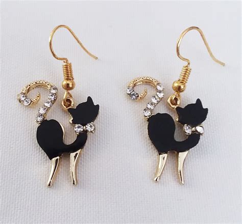 Black Cat Charm Earrings Rhinestones And Gold Plated Earring Halloween