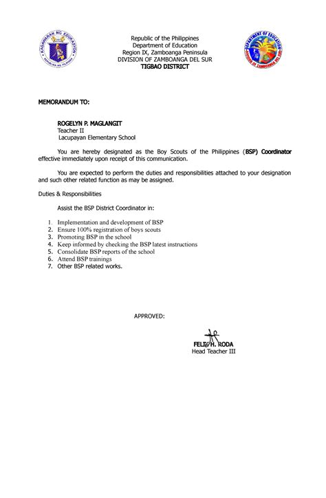 Memo Designation Bsp Rogelyn Republic Of The Philippines Department