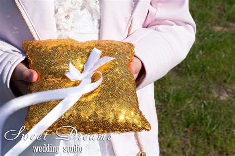 Gold Sequins Wedding Ring Pillow Goldandwhite Ring Bearer Holder Bright
