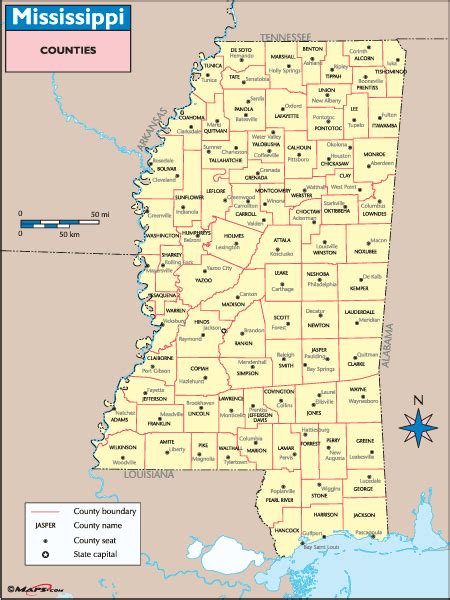 Mississippi Counties And County Seats Map By From