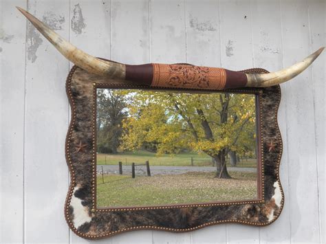 Cowhide Mirror Frame Trimmed With Leather Hand Tooled Leather On