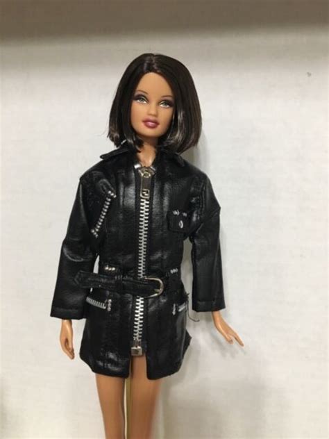 Barbie Doll Model Muse Black Faux Leather Winter Coat Jacket Zipper