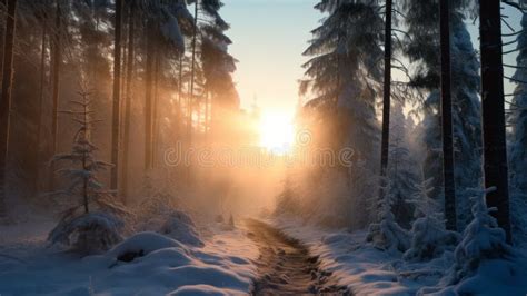 Enchanting Winter Wonderland Sunlit Path Through A Snowy Forest Stock