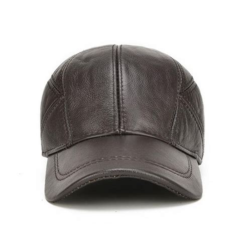 Mens Winter Genuine Leather Baseball Caps With Ear Flaps Outdoor Warm