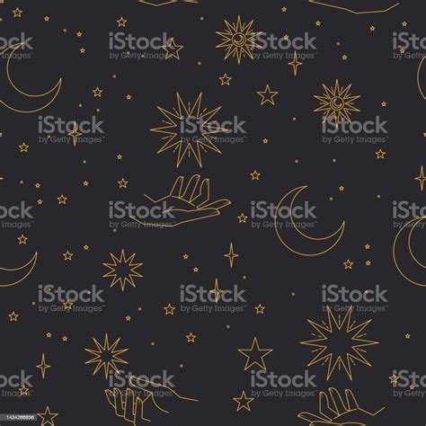 Seamless Pattern With Constellations Sun Moon Magic Hands And Stars