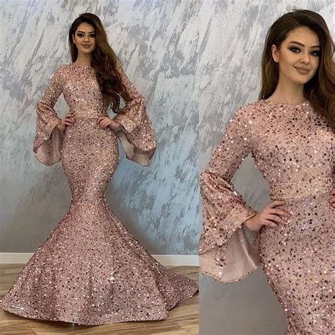 new sexy bling rose gold sequins evening dresses wear for women mermaid poet long sleeves
