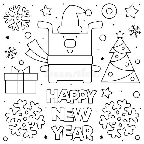 Happy New Year Coloring Page Black And White Vector Illustration